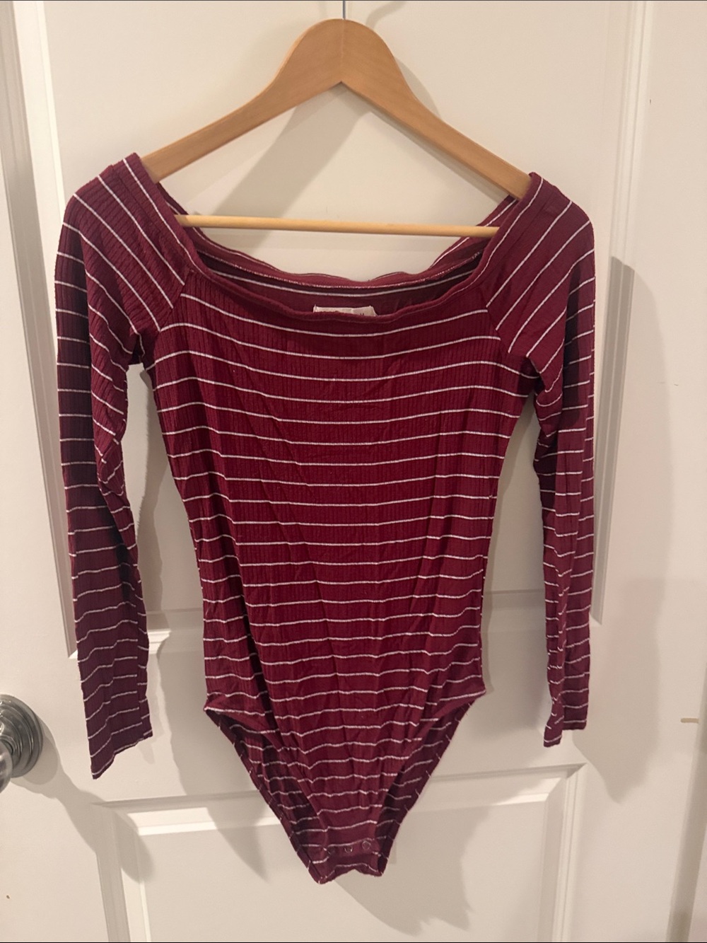 Hollister Burgundy & White Striped Off-Shoulder Long Sleeve Bodysuit